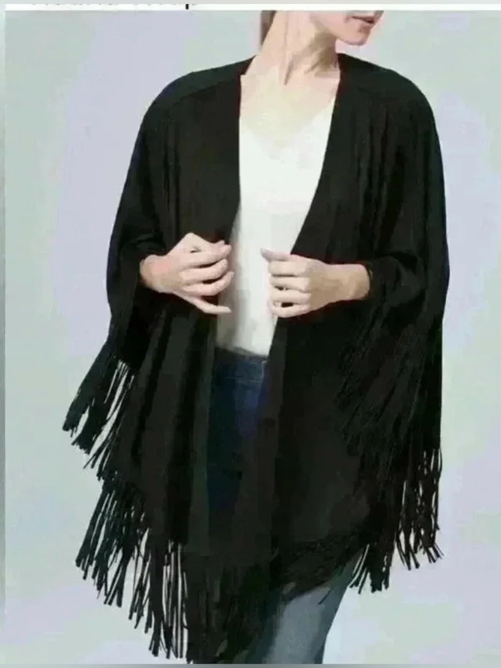 Black Faux Suede Fringe Trimmed Ruana Wrap One Size NWT